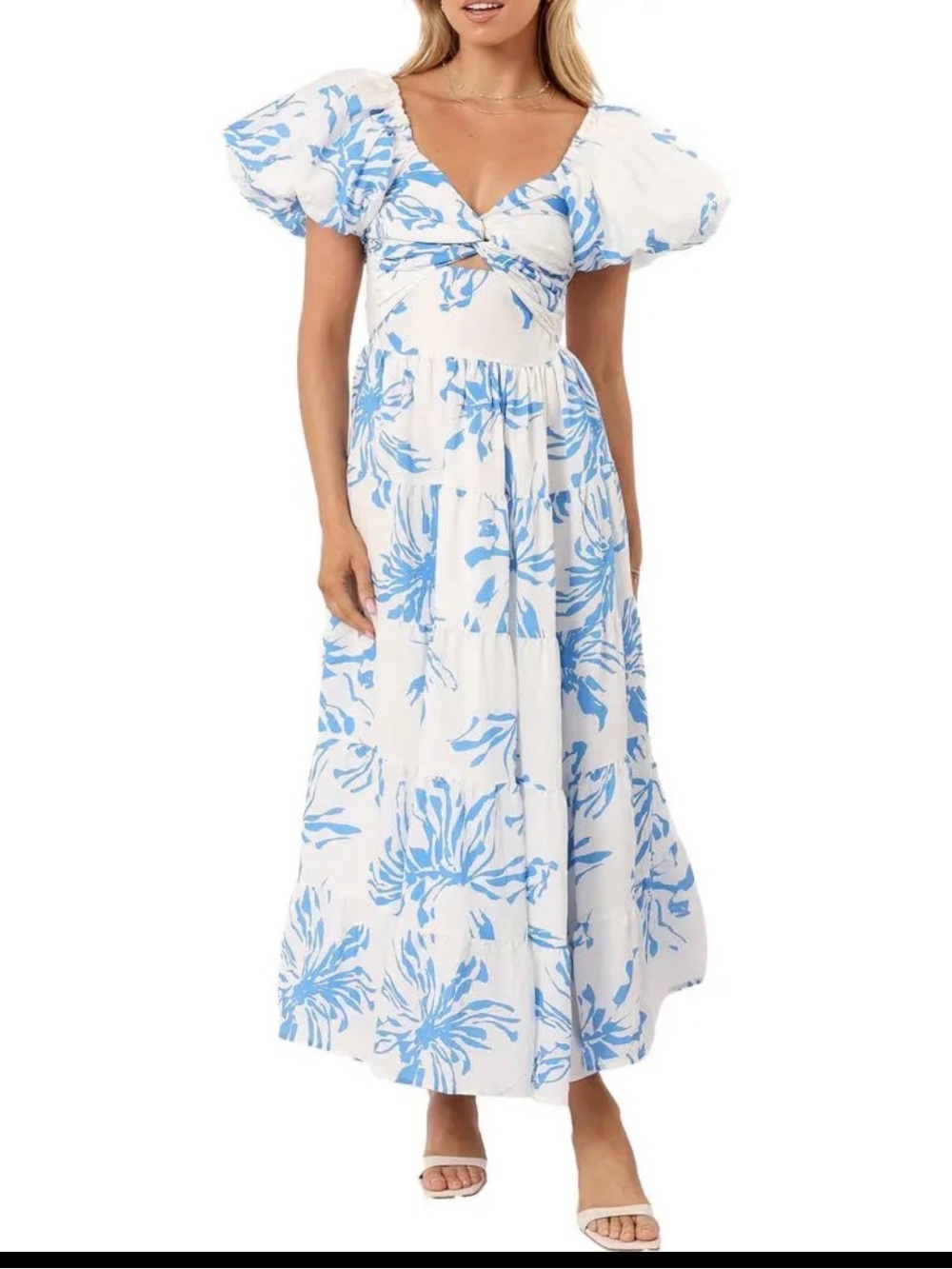 Petal & Pup White Maxi Dress with Blue Floral Motif and Puff Sleeves - Picture 6 of 6